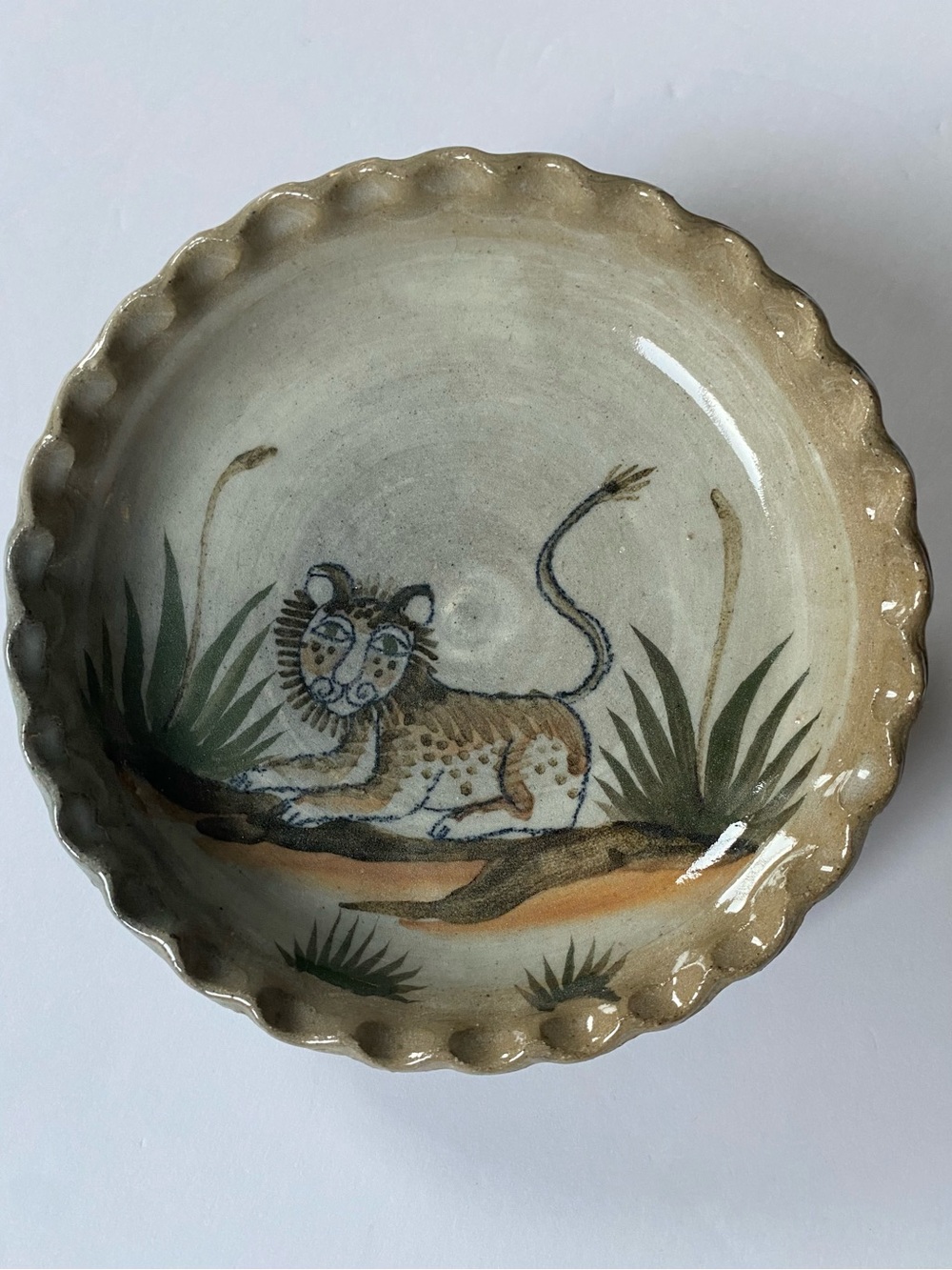 Lion Trinket Dish Pottery Hand Thrown 8.5” Signed Brown Rustic Folk Art Vintage
